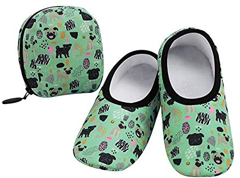 Snoozies Skinnies Packable and Foldable Travel Slippers for Women with Zipper Pouch, Soft Sherpa-Lined Slipper Socks Non-Skid (Dogs, Large)