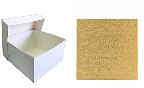 LARRYROO Square Colour Cake Drum Board & White Box + Lid Combo Pack for Wedding, Birthday Cakes (Gold, 14 Inches)