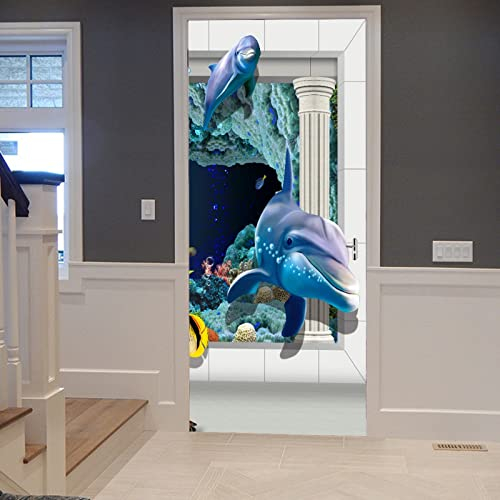 A.Monamour Türtapete Selbstklebend Türfolie Türposter 3D 3D Fisch Delphin Unterwasser Hintergrund Aus Dem Fenster Vinyl Folie Türdeko Tapete Wandbild Türaufkleber Türtattoo 90x200cm