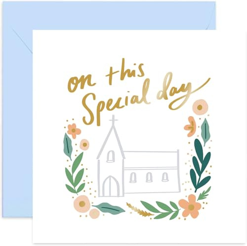 Old English Co. On This Special Day Church Card - Floral Pastel Gold Foil Card for Friends and Family | Wedding Day, Baptism, Christening, Holy Communion Gifts | Blank Inside & Envelope Included