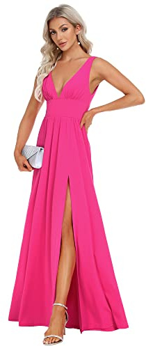 Ever-Pretty Abiti da Cerimonia da Donna Alta Elasticità Scollo a V Linea ad A con Spacco Stile Impero Rosa Caldo 42