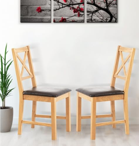 Hallowood Furniture Oak Dining Chairs Set of 2 with Brown Bonded Leather Seat Pad, Modern & Stylish Cross Back Solid Wooden Oak Small Kitchen Dining Room Chairs for Home, Restaurant and Café