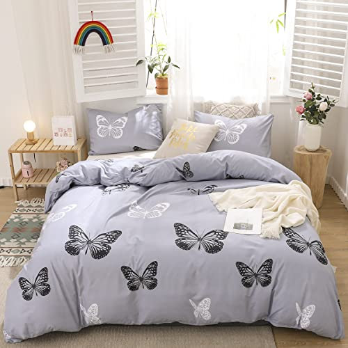 Freyamy Mädchen Bettwäsche Set 200x200cm 3teilig Grau Schmetterling Wendebettwäsche Gebürstet Microfaser Weiche Bettwaren-Sets Romantisch Mädchen Bettbezug mit Reißverschluss und 2 Kissenbezug 80x80cm