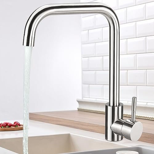 Virklyee Rubinetto cucina inox Rubinetto Lavello Cucina Miscelatore da cucina monocomando, Dell'Acqua Calda e Fredda Adattatore, Facile da installare e pulire, A forma di L (Argento)