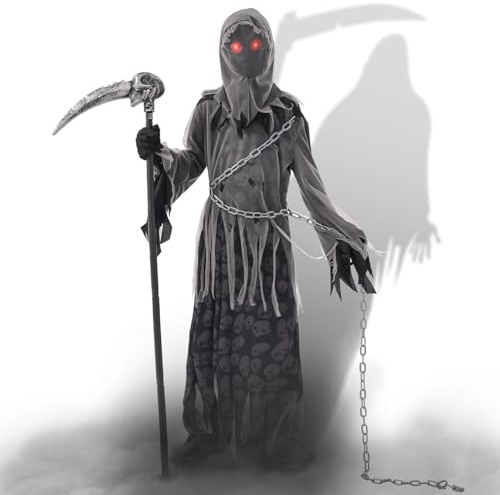 Ulikey Sensenmann Kostüm Kinder, Halloween Horror Reaper Robe Set mit Kapuze mit Rot Leuchtenden Augen, Knochenhandschuhe, Kette, Sense für Halloween Cosplay