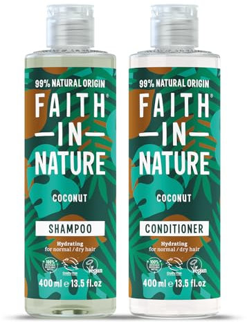 Faith In Nature Natural Coconut Shampoo and Conditioner Set, Hydrating, Vegan & Cruelty Free, No SLS or Parabens, For Normal to Dry Hair, 2 x 400ml Pack