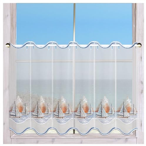 Bestickte Scheibengardine Segeln in den Sonnenuntergang aus Echter Plauener Spitze Maritime Badgardine 55 x 48 cm