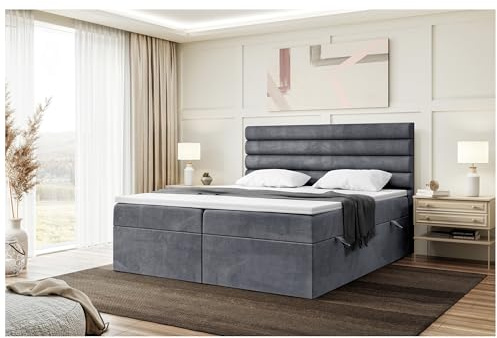MEBLINI Boxspringbett mit Bettkasten - Gepolstert Doppelbett mit Matratze und Topper - Polsterbett mit Stauraum - Bett mit Kopfteil - Stauraumbett - Karim - 180x220 - H4/Dunkelgrau Samt