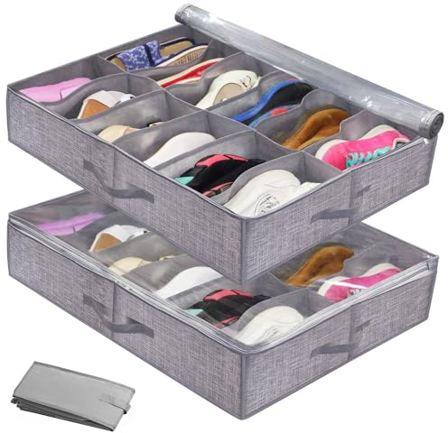 Underbed shoe storage 2 foldable under bed shoe cabinet storage boxes with a total of 24 compartments, under bed shoe box/container with reinforced handle, transparent cover, foldable shoe box（grey）