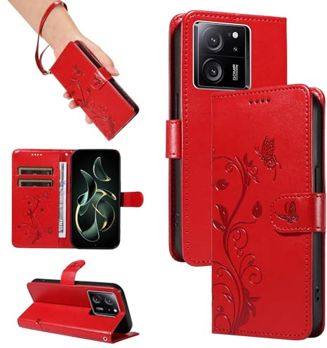SRISHP Hülle für Xiaomi 13T Pro / 13T Handyhülle, Rot | Premium PU Leder, Handyhülle Mit Band, Magnet Flip Case, Kartenfächer, Ständer Klappbar Tasche, Standfunktion Schutzhülle