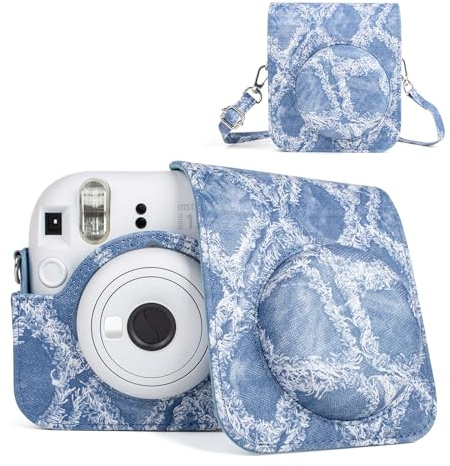 HIYQIN Housse de Protection Compatible avec Fujifilm Instax Mini 12, Polaroid Mini 12 Sac de Transport avec Poche Photo - Bleu Denim
