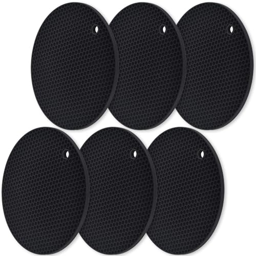 homEdge Silicone Round Coasters, 6 Pcs Heat Resistant Non-Slip Potholders - Black, 7 x 0.2 x 7 inches, Food Grade Silicone, Honeycomb Surface Design, Dishwasher Safe,