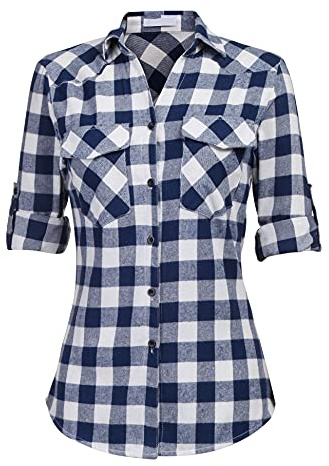 Zeagoo Chemise à carreaux pour femme avec boutonnière courte/manches longues Oktoberfest Chemisier à carreaux Tunique en coton Hauts décontractés Col en V Hauts S-3XL