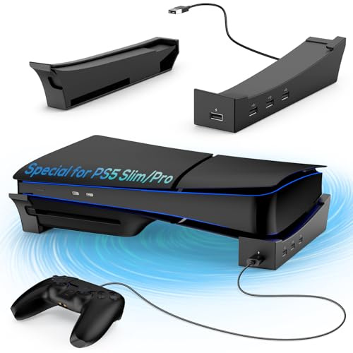 Horizontaler Ständer für Playstation 5 Pro/PS5 Slim Konsole mit 4-Port-USB-Hub, Ständer Zubehör Nur für PS5 Pro/PS5 Slim (Disc und Digital Edition), Halterung für PS5 Controller, Aufladen (Schwarz)