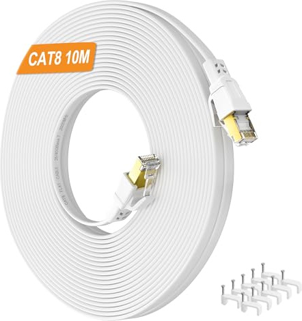 Nowunke LAN Kabel 10meter Cat 8 Netzwerkkabel 10m Flach Ethernet Kabel Weiß Hochgeschwindigkeit 40Gbps 2000MHz Patchkabel, RJ45 Gigabit FTP Geschirmt Wlan Internetkabel für Router Modem Switch