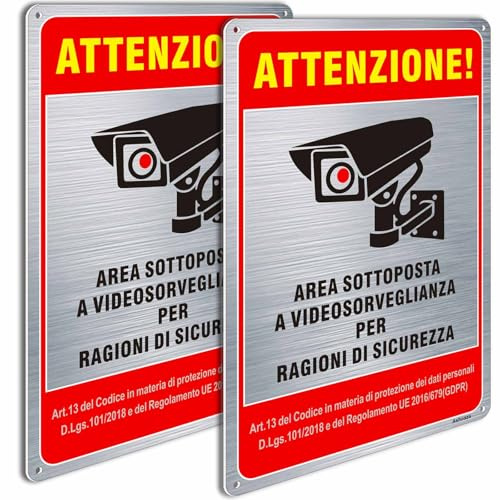 Ashoaza Cartello Area Videosorvegliata Alluminio con Avviso GDPR, 2 Pz Cartelli area Videosorveglianza, 20x30cm, con 4 Fori Preforati, Impermeabile, per Casa e Negozio, Interno ed Esterno