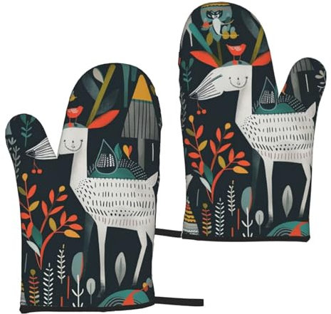 Ofenhandschuhe, skandinavische Tiere, bedruckt, hitzebeständig, für Küche, Backen, Grillen, 2 Stück
