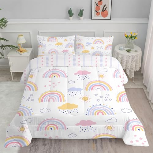 Bettdecke 135x200 4 Jahreszeiten, Weißer Regenbogen Vierjahreszeiten Steppdecke 135x200, Warme Ganzjahresdecke Sterne Wolken Bettdecke ohne Bezug Waschbar Schlafdecke mit 2 Kissenbezug 80x80cm