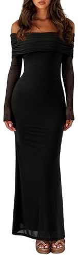 REORIA Women Long Sleeve Off Shoulder Formal Dress Elegant Stretch Mesh Double Lined Bodycon Long Party Wedding Guest Dresses Fall Winter Black Small