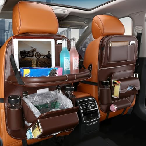 DAYKET Autositz Organizer für VW UP, mit Integrierter Mülltonne und Tisch, Leder Praktischer Autositz Aufbewahrungsbeutel,C/Brown