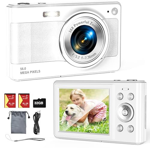 Upgrade Digital Camera, 56MP FHD 1080P for Kids with 16x Zoom Anti Shake, 32GB TF Card, Two Batteries, Lanyard, Compact Small for Boys Girls （white）
