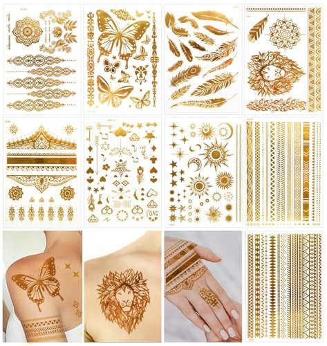 Deepton Temporäre Tattoos, 150+ Festival Tattoos Damen Goldene | Klebetattoos Erwachsene, Wasserdichte Metallic Gesichtstattoo Glitzer zum Aufklebe für Party Festival Accessoires