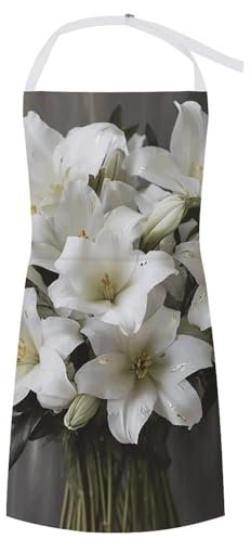 Verstellbare Unisex-Latzschürze, weißer Lilienstrauß-Druck, Polyester, Arbeitsschürze mit Taschen, professionelle wasserdichte Kochschürze, Grillschürze, Catering, Lätzchen für Zuhause, Küche,