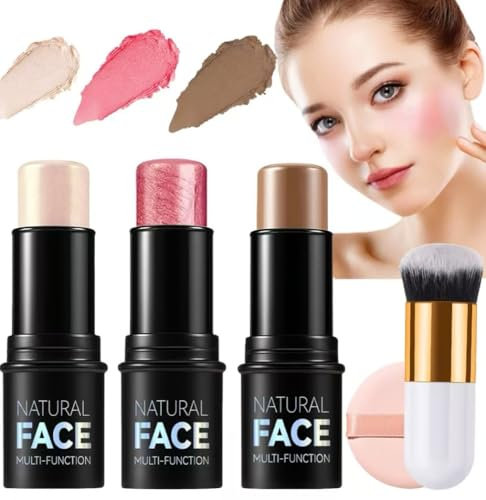 3 Pack Contour Highlighter Blush Sticks with Brush,Bronzer Contour Beauty Wand with Brush Stick for Cheeks Eyes Lips,Long Lasting Waterproof Smooth Stick Face Makeup for All Skin Type (BLUSH, A-set)