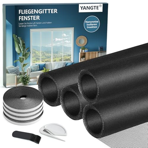 YANGTE Fliegengitter für Fenster 130x150 cm, Fliegengitter Fenster Schwarz 4er-Pack, Insektenschutz Fenster ohne Bohren, Mückengitter Fenster mit Klettverschluss und Schneidwerkzeug