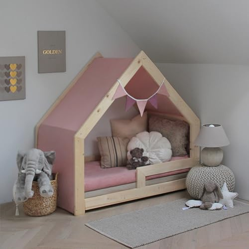 Need Need Sleep Hausbett Himmel mit Wimpelkette für Bett 90x200 cm - 100% Baumwolle Betthimmel Mädchen Junge- Himmelbett Vorhang für Kinderbett - Baldachin Kinderzimmer Deko Rosa (440 cm x 90 cm)