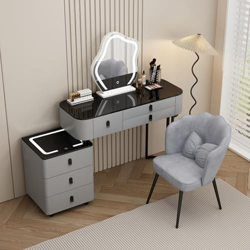 Meedlopia Toeletta da Trucco con Luci LED, 3 Modalità di Illuminazione, Tavolo da Trucco con Cassetti, Tavolo da Toeletta Moderno per Camera da Letto con Sedia in Velluto per Ragazza, Donna