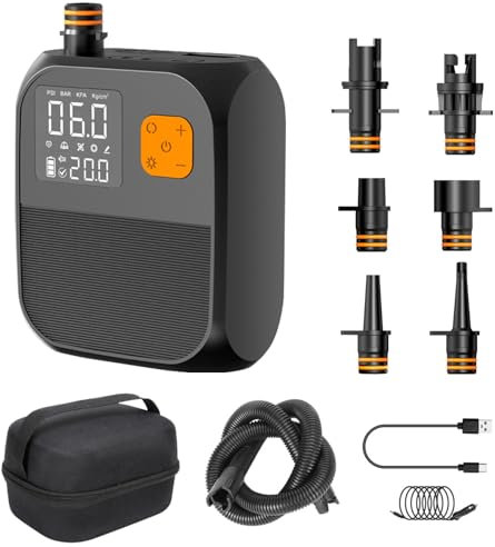 TECKZOON Pompe à air électrique Portable sans Fil Sup, 8000mAh, 25PSI, 100 L/Min, arrêt Automatique, avec 6 Embouts et Mallette étanche pour Paddle Boards et Kayaks