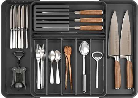 Comioke Organizador de Cubiertos con 8 Compartimentos, Cuberteros para Cajon Cocina, Cubertero para Cajón para Menaje, Bandeja para Cubiertos Extensible para Cucharas, Tenedores, Cuchillos (Negro)