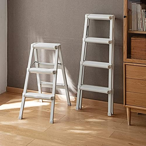 Folding 3 Step Wooden Stool Lightweight & Strong Aluminum Ladder Double Sided Multi Purpose Step Stool for Bed Easy Storage Max Load 150Kg White Finish