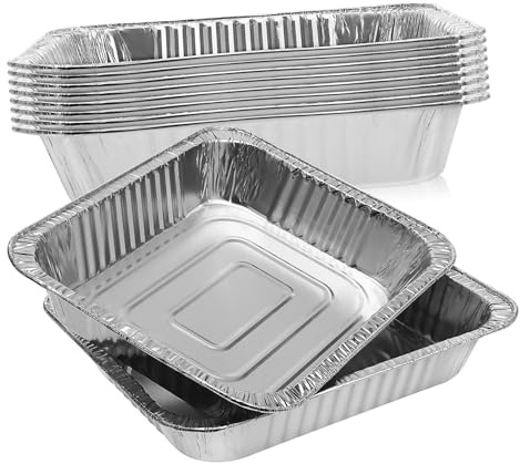 BESTYASH 10 Bandejas de Papel de Aluminio Desechables para Asar y Hornear, Recipientes para Alimentos, Profundas, Plata