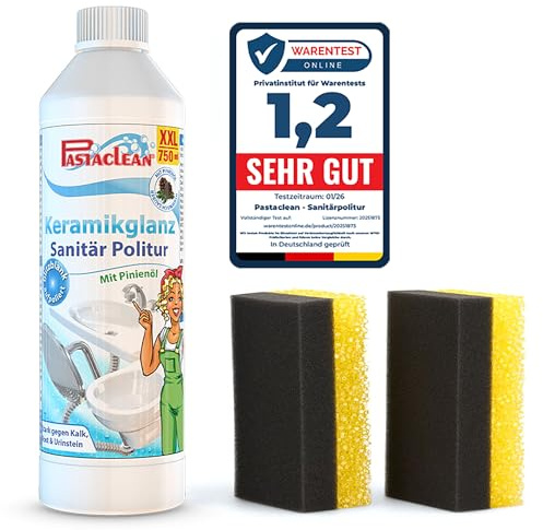 Pastaclean® XXL-Pack 750ml Keramikglanz Sanitärpolitur mit Pinienöl - Entfernt Rostläufe, Kalkablagerungen, Wasser- und Urinstein, Profi Politur für die Reinigung und Versiegelung von Keramik