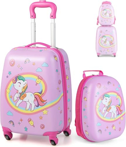 MonTravel Set Trolley Bambini 2 Pezzi Valigia Rigida e Zainetto Coordinato Bagaglio a Mano 46x22x32 cm con Ruote Girevoli Spinner 360 Asta Telescopica Fantasia Unicorn per Viaggio e Scuola