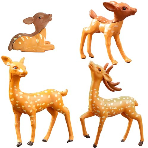 QACUU 4PCS Miniature Deer Figurines - Realistic Sika Deer Sculptures, White, Matte Finish - Decorative Animal Ornaments for Garden, Bonsai, Terrarium & Home Decor