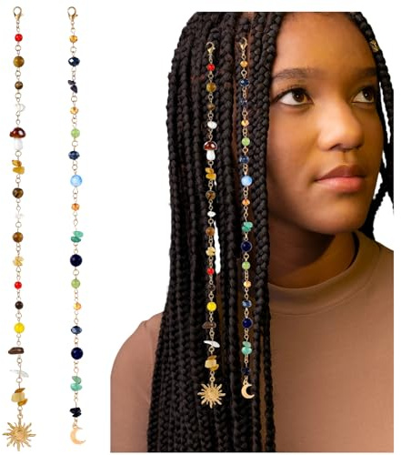 Shimmeroo 2PCS Loc Jewels for Black Women,Braid Jewels for Hair Long Colorful Loc Charms with Sun Moon Hair Accessories Hairstyle Decoration