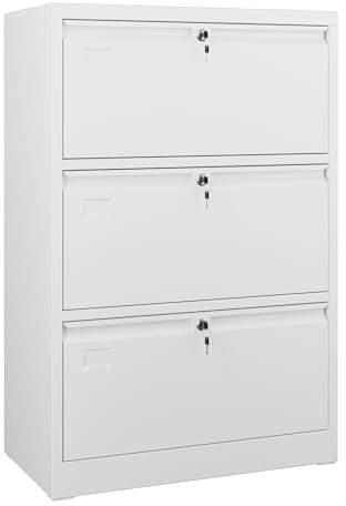 Aobabo 3 Drawer Wide Lateral File Cabinet, Metal Filing Cabinet with Lock, Suitable for Home Office School Hanging Files Letter/Legal/F4/A4 Size,White,Required-Assembly,15.87 D x 28.94 W x 43.62 H