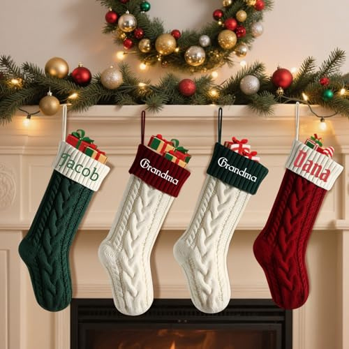 Große Weihnachtsstrümpfe mit besticktem Namen, gestrickt, bestickt, für Kamin, Weihnachten, Urlaub, Party, Dekoration (7 Stück)
