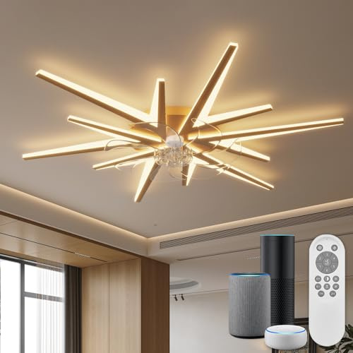 YUNLONG Deckenlampe mit Ventilator 92cm, Smart & Alexa Kompatibel (Bluetooth, kein WLAN nötig) | Leise & Dimmbar mit Fernbedienung, Deckenventilator mit Beleuchtung für Wohnzimmer, Schlafzimmer, Gold