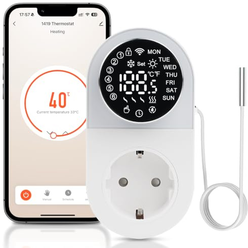 Presa Termostato wifi 220V 16A Regolatore di Temperatura Termostato Digitale Manopola Rotante Raffreddamento/Riscaldamento Display Digitale a LED per Deumidificatori, Umidificatori e Acquari