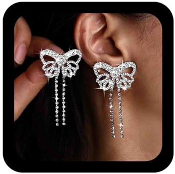 Cybche Orecchini pendenti vintage a forma di farfalla con cristalli lunghi e nappe con strass, orecchini da sposa con diamanti e zirconia cubica, grandi orecchini a perno con fiocco in zirconia cubica