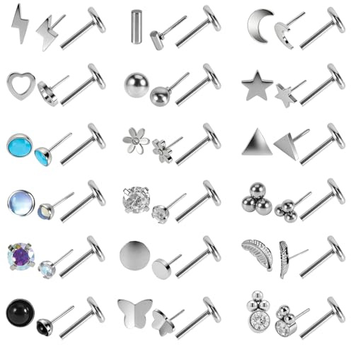 18 Pairs 20g Nose Studs, 20G Threadless Flat Back Earrings for Women Men, Hypoallergenic Surgical Steel Push in Nose Stud Rings Labret Cartilage Lip Rings Medusa Nostril Conch Tragus Piercing Jewelry