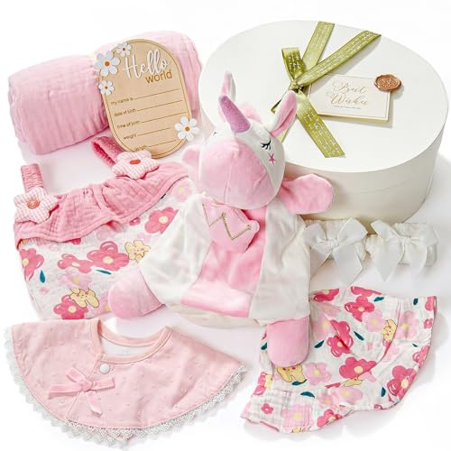 vamei Baby Geschenk Mädchen, Neugeborenen Geschenk Babygeschenke zur Geburt Mädchen mit Strampler Handpuppe Decke Lätzchen Meilenstein Socken Grußkarten, Baby Shower Party Babyparty Geschenke