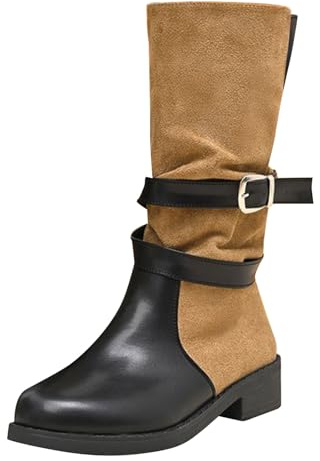 Generisch Botines de Mujer Tacón Medio,Botas con hebilla de cinturón Negro Mujer Exterior Invierno Plano Antideslizante Tacón Bloque Botas altas de Cuero con Pantorrilla Ancha Botas, caqui, 41 EU
