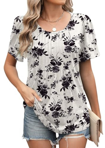Decorie Camicia Donna Elegante con Manica Corta e Stampa Floreale - Blusa Estiva Larga e Comoda per Uso Quotidiano, Top Donna per Tempo Libero e Campus (Fiore Nero,M)