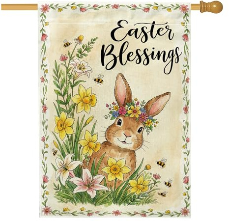 Drapeau de maison de lapin, printemps fantaisie jonquille lys jaune de Pâques double face toile de jute extérieur grand drapeau de jardin pour extérieur, pelouse, cour, patio, entrée 71,1 x 101,6 cm
