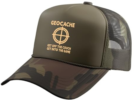 Geocache Get Off The Couch Funny Geocaching Trucker Hat with Adjustable Mesh Back, Camo Green